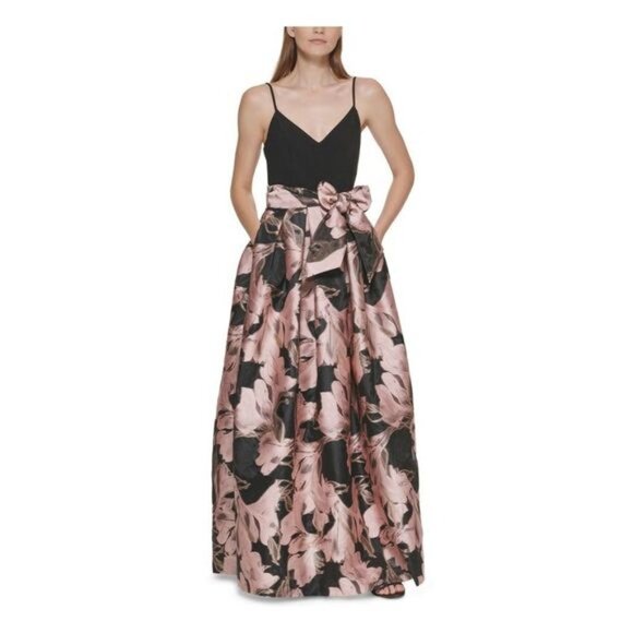 Eliza J Floral Mix Media Gown in Pink/Black - Picture 1 of 3